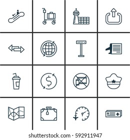 Set Of 16 Travel Icons. Includes Exit, Pilot Hat, Airplane Information And Other Symbols. Beautiful Design Elements.