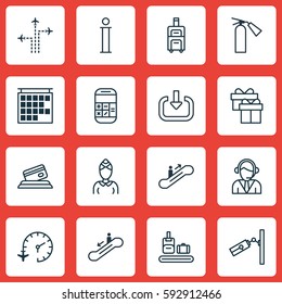 Set Of 16 Travel Icons. Includes Hostess, Briefcase Scanner, Luggage And Other Symbols. Beautiful Design Elements.
