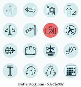 Set Of 16 Travel Icons. Includes Worldwide Flight, Moving Staircase, Crossroad And Other Symbols. Beautiful Design Elements.