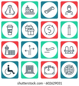 Set Of 16 Travel Icons. Includes Hostess, Siren, Stair Lift And Other Symbols. Beautiful Design Elements.