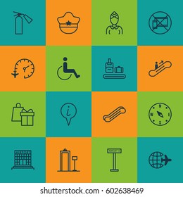 Set Of 16 Travel Icons. Includes Locate, Airplane Information, Stair Lift And Other Symbols. Beautiful Design Elements.
