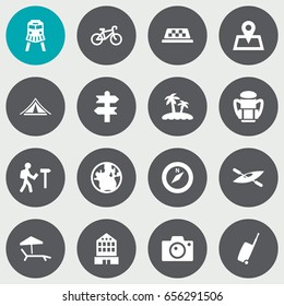 Set Of 16 Travel Icons Set.Collection Of Arrows, Cab, Canoe And Other Elements.