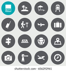 Set Of 16 Travel Icons Set.Collection Of Baggage, Photo Apparatus, Rucksack And Other Elements.