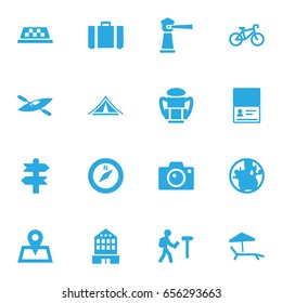 Set Of 16 Travel Icons Set.Collection Of Booth, Chaise Longue, Arrows And Other Elements.