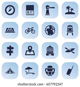 Set Of 16 Travel Icons Set.Collection Of Canoe, Chaise Longue, Location And Other Elements.