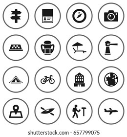 Set Of 16 Travel Icons Set.Collection Of Bike, Canoe, Rucksack And Other Elements.