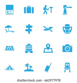 Set Of 16 Travel Icons Set.Collection Of Photo Apparatus, Palm, Arrows And Other Elements.
