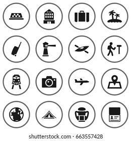 Set Of 16 Travel Icons Set.Collection Of Tram, Photo Apparatus, Cab And Other Elements.
