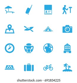 Set Of 16 Travel Icons Set.Collection Of Photo Apparatus, Canoe, Chaise Longue And Other Elements.