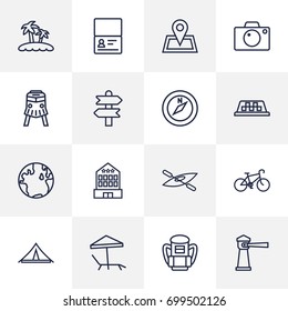 Set Of 16 Travel Outline Icons Set.Collection Of Parasol, Boat, Compass And Other Elements.