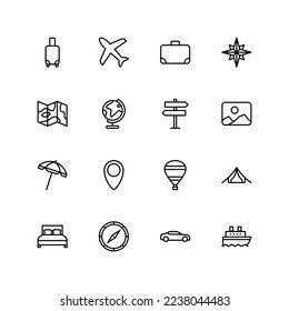 Set of 16 travel vector thin line icons, collection of travel vector buttons illustration.