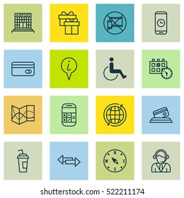Set Of 16 Traveling Icons. Can Be Used For Web, Mobile, UI And Infographic Design. Includes Elements Such As Around, Paralyzed, Present And More.