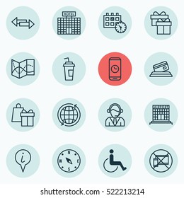 Set Of 16 Traveling Icons. Can Be Used For Web, Mobile, UI And Infographic Design. Includes Elements Such As Device, Construction, Arrows And More.