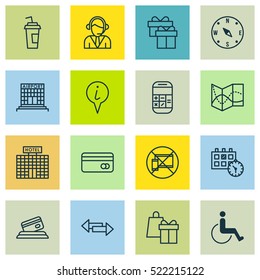 Set Of 16 Traveling Icons. Can Be Used For Web, Mobile, UI And Infographic Design. Includes Elements Such As Shopping, Operator, Office And More.