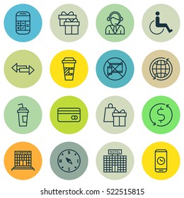 Set Of 16 Traveling Icons. Can Be Used For Web, Mobile, UI And Infographic Design. Includes Elements Such As Dollar, Arrows, Card And More.