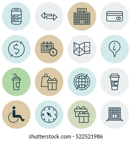 Set Of 16 Traveling Icons. Can Be Used For Web, Mobile, UI And Infographic Design. Includes Elements Such As Office, Pointer, Drink And More.