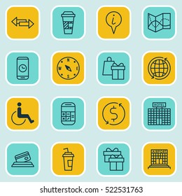 Set Of 16 Traveling Icons. Can Be Used For Web, Mobile, UI And Infographic Design. Includes Elements Such As Direction, Construction, Disabled And More.