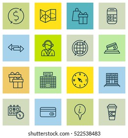 Set Of 16 Traveling Icons. Can Be Used For Web, Mobile, UI And Infographic Design. Includes Elements Such As Center, Locate, Call And More.