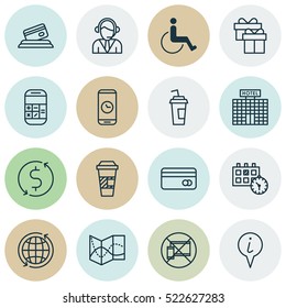 Set Of 16 Traveling Icons. Can Be Used For Web, Mobile, UI And Infographic Design. Includes Elements Such As Takeaway, Drink, Math And More.