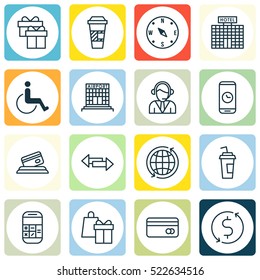 Set Of 16 Traveling Icons. Can Be Used For Web, Mobile, UI And Infographic Design. Includes Elements Such As Building, Mobile, Crossroad And More.