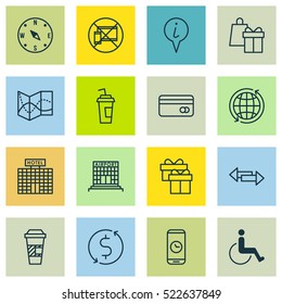 Set Of 16 Traveling Icons. Can Be Used For Web, Mobile, UI And Infographic Design. Includes Elements Such As World, Road, No And More.