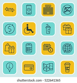 Set Of 16 Traveling Icons. Can Be Used For Web, Mobile, UI And Infographic Design. Includes Elements Such As Credit, Card, Dollar And More.