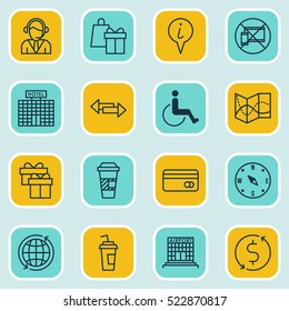 Set Of 16 Traveling Icons. Can Be Used For Web, Mobile, UI And Infographic Design. Includes Elements Such As Around, Takeaway, Info And More.