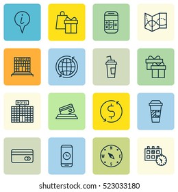 Set Of 16 Traveling Icons. Can Be Used For Web, Mobile, UI And Infographic Design. Includes Elements Such As Mobile, Math, Hotel And More.