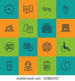 Set Of 16 Traveling Icons. Can Be Used For Web, Mobile, UI And Infographic Design. Includes Elements Such As Operator, Center, Phone And More.