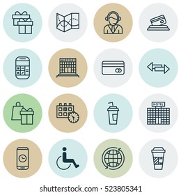 Set Of 16 Traveling Icons. Can Be Used For Web, Mobile, UI And Infographic Design. Includes Elements Such As Accessibility, Takeaway, Gift And More.