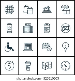 Set Of 16 Traveling Icons. Can Be Used For Web, Mobile, UI And Infographic Design. Includes Elements Such As Paralyzed, Dollar, Time And More.