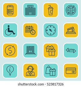 Set Of 16 Traveling Icons. Can Be Used For Web, Mobile, UI And Infographic Design. Includes Elements Such As Locate, Dollar, Drink And More.