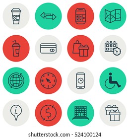 Set Of 16 Traveling Icons. Can Be Used For Web, Mobile, UI And Infographic Design. Includes Elements Such As Math, Cup, Calculation And More.