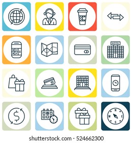 Set Of 16 Traveling Icons. Can Be Used For Web, Mobile, UI And Infographic Design. Includes Elements Such As Operator, Card, Takeaway And More.