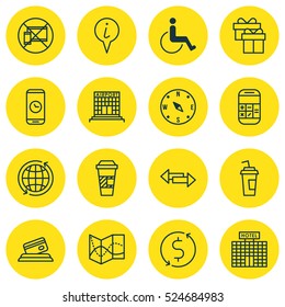 Set Of 16 Traveling Icons. Can Be Used For Web, Mobile, UI And Infographic Design. Includes Elements Such As World, Calculator, Paralyzed And More.