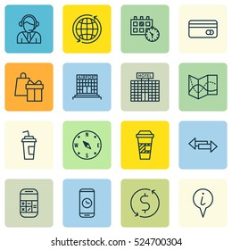 Set Of 16 Traveling Icons. Can Be Used For Web, Mobile, UI And Infographic Design. Includes Elements Such As Cup, Credit, Call And More.