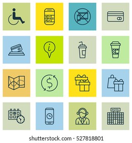 Set Of 16 Traveling Icons. Can Be Used For Web, Mobile, UI And Infographic Design. Includes Elements Such As Accessibility, Credit Card, Road Map And More.