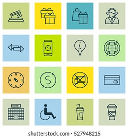 Set Of 16 Traveling Icons. Can Be Used For Web, Mobile, UI And Infographic Design. Includes Elements Such As Drink Cup, World, Info Pointer And More.