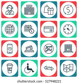 Set Of 16 Traveling Icons. Can Be Used For Web, Mobile, UI And Infographic Design. Includes Elements Such As World, Money Trasnfer, Forbidden Mobile And More.
