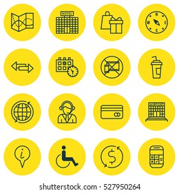 Set Of 16 Traveling Icons. Can Be Used For Web, Mobile, UI And Infographic Design. Includes Elements Such As Accessibility, Plastic Card, Locate And More.