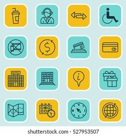 Set Of 16 Traveling Icons. Can Be Used For Web, Mobile, UI And Infographic Design. Includes Elements Such As Appointment, Forbidden Mobile, Plastic Card And More.