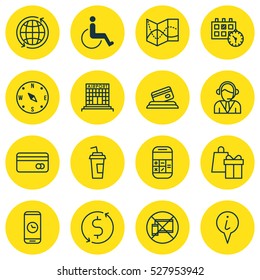 Set Of 16 Traveling Icons. Can Be Used For Web, Mobile, UI And Infographic Design. Includes Elements Such As Operator, Plastic Card, Locate And More.