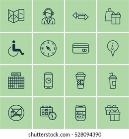 Set Of 16 Traveling Icons. Can Be Used For Web, Mobile, UI And Infographic Design. Includes Elements Such As Shopping, Takeaway Coffee, Call Duration And More.