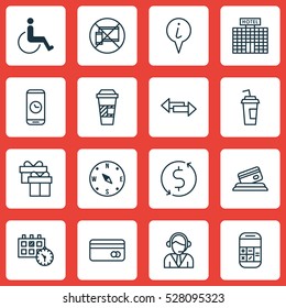 Set Of 16 Traveling Icons. Can Be Used For Web, Mobile, UI And Infographic Design. Includes Elements Such As Accessibility, Drink Cup, Resort Development And More.