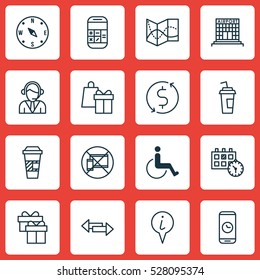 Set Of 16 Traveling Icons. Can Be Used For Web, Mobile, UI And Infographic Design. Includes Elements Such As Present, Shopping, Money Trasnfer And More.