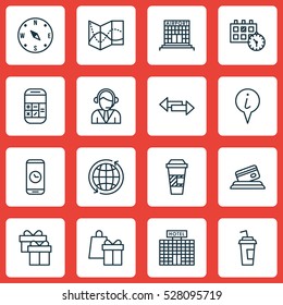Set Of 16 Traveling Icons. Can Be Used For Web, Mobile, UI And Infographic Design. Includes Elements Such As Credit Card, Operator, Info Pointer And More.