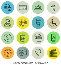 Set Of 16 Traveling Icons. Can Be Used For Web, Mobile, UI And Infographic Design. Includes Elements Such As Operator, Info Pointer, Credit Card And More.