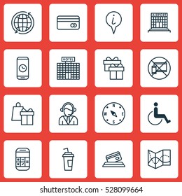 Set Of 16 Traveling Icons. Can Be Used For Web, Mobile, UI And Infographic Design. Includes Elements Such As Call Duration, Resort Development, Plastic Card And More.