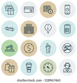 Set Of 16 Traveling Icons. Can Be Used For Web, Mobile, UI And Infographic Design. Includes Elements Such As Calculation, Forbidden Mobile, Money Trasnfer And More.