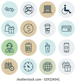 Set Of 16 Traveling Icons. Can Be Used For Web, Mobile, UI And Infographic Design. Includes Elements Such As Locate, Crossroad, Money Trasnfer And More.